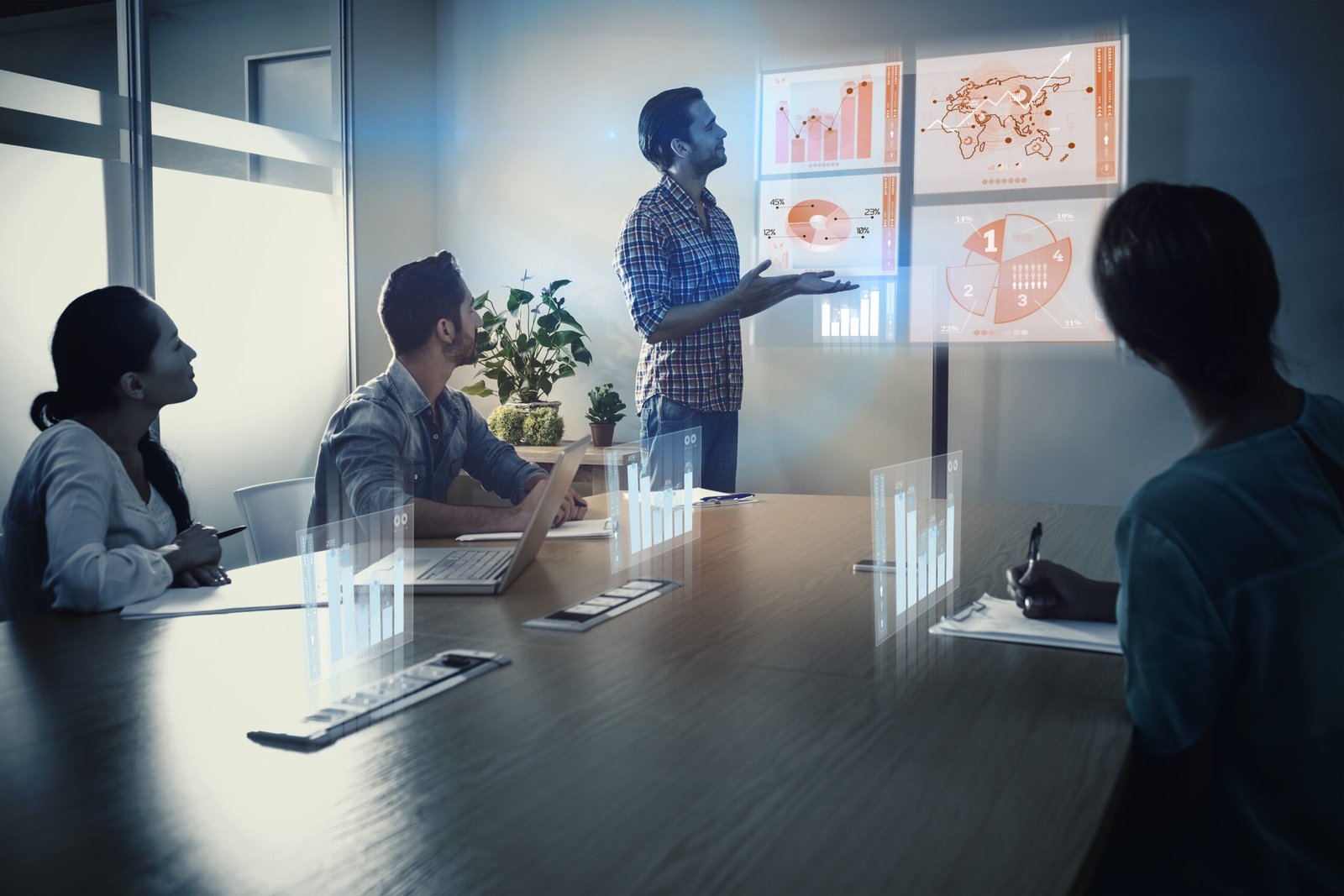 Global business interface against creative businessman making a presentation